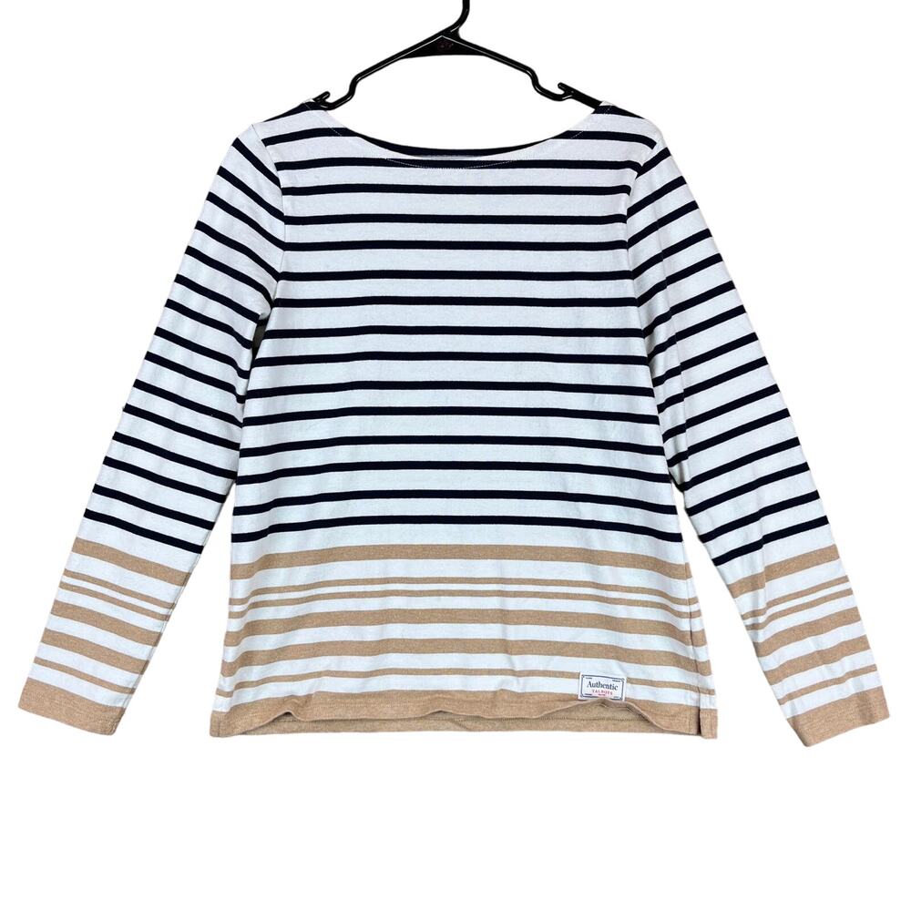 Talbots Womens Shirt White Black Tan Ombre Stripe Crew Neck Long Sleeve Small